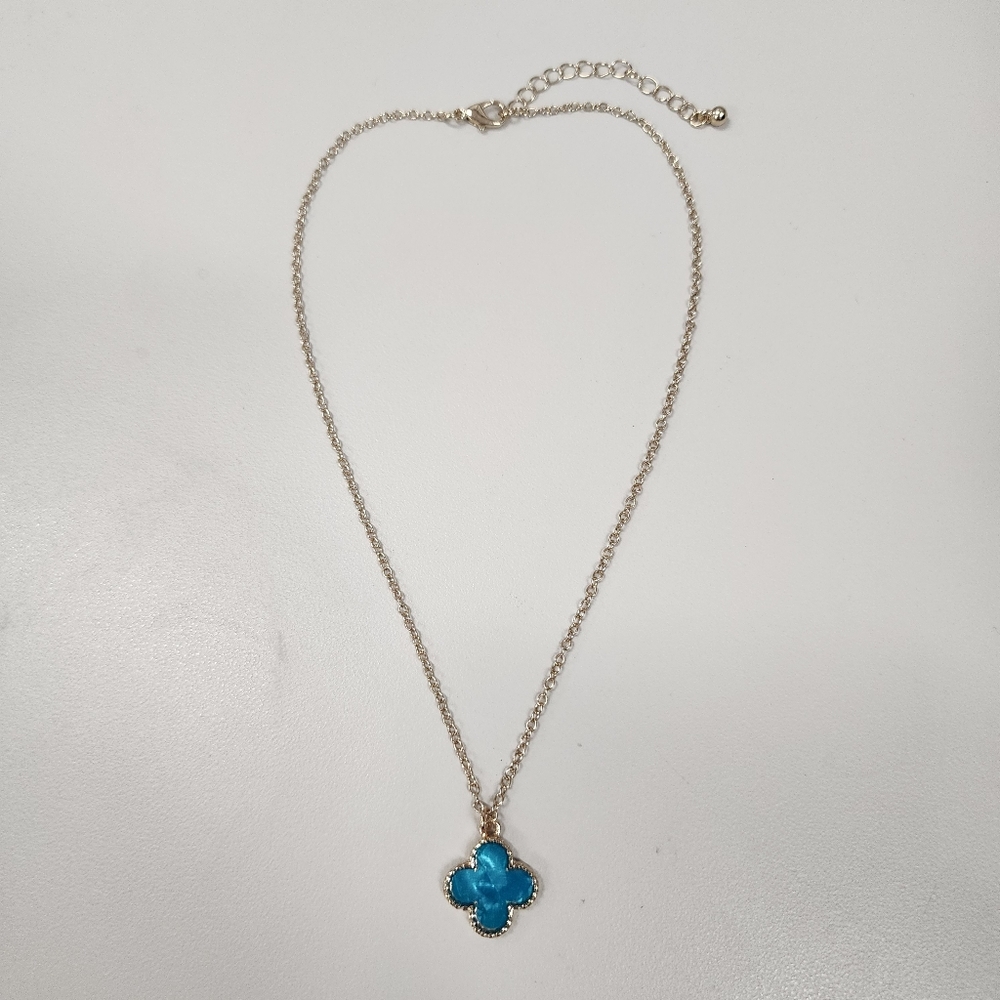 Dainty Aqua Blue Clover Pendant Necklace Iridescent Inlay Lucky Charm Gold-tone